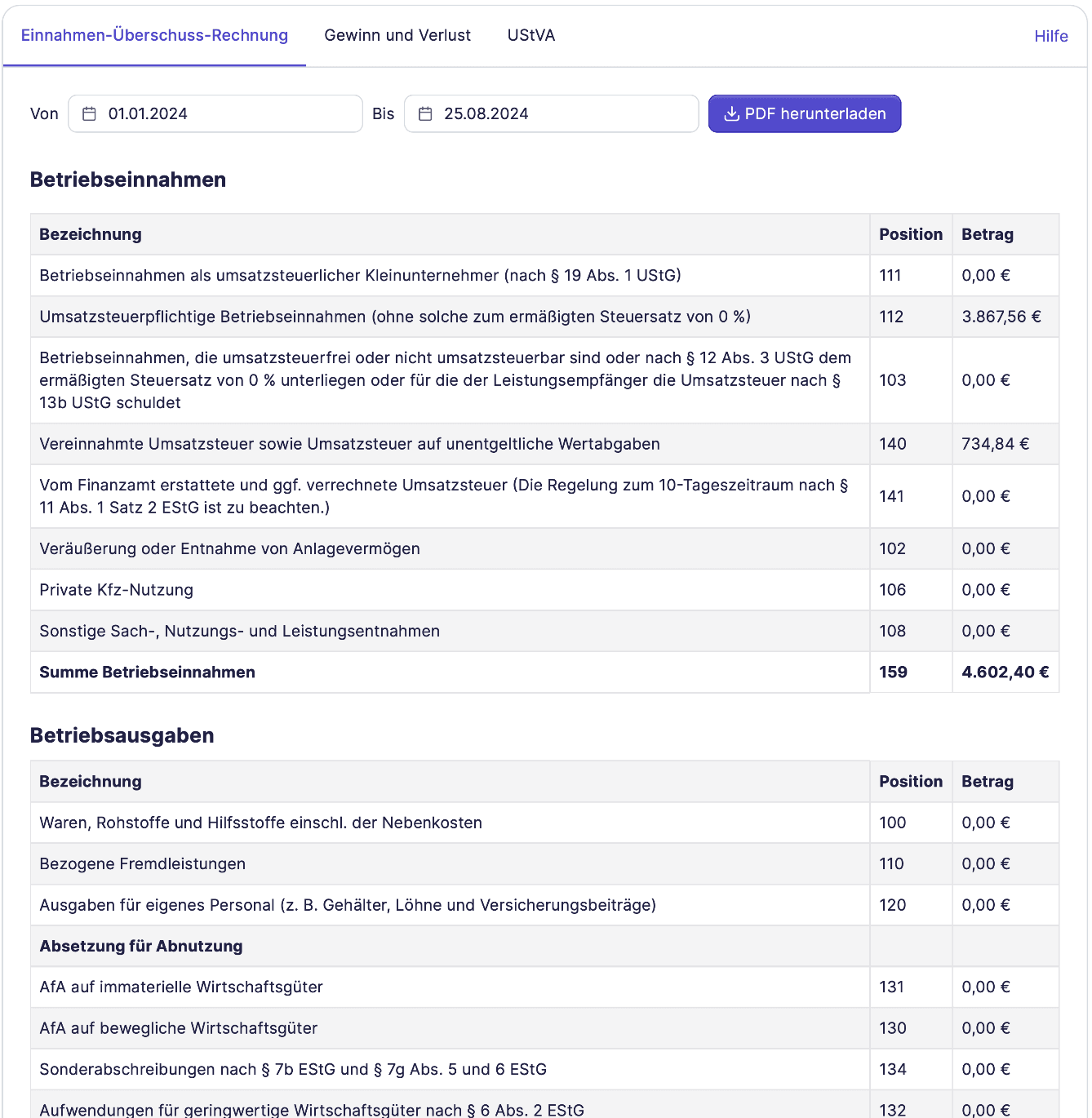 Einnahmenüberschussrechnung Screenshot belegFuchs