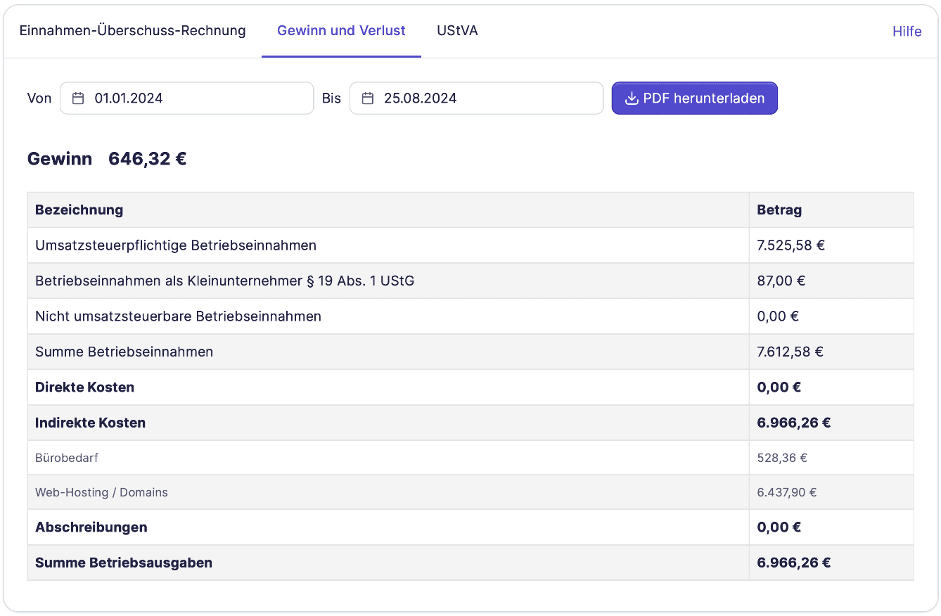 Gewinn- und Verlustrechnung Screenshot belegFuchs