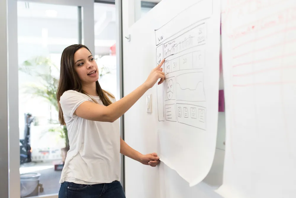 Eine Frau steht vor einem Whiteboard und zeigt mit dem Finger darauf.