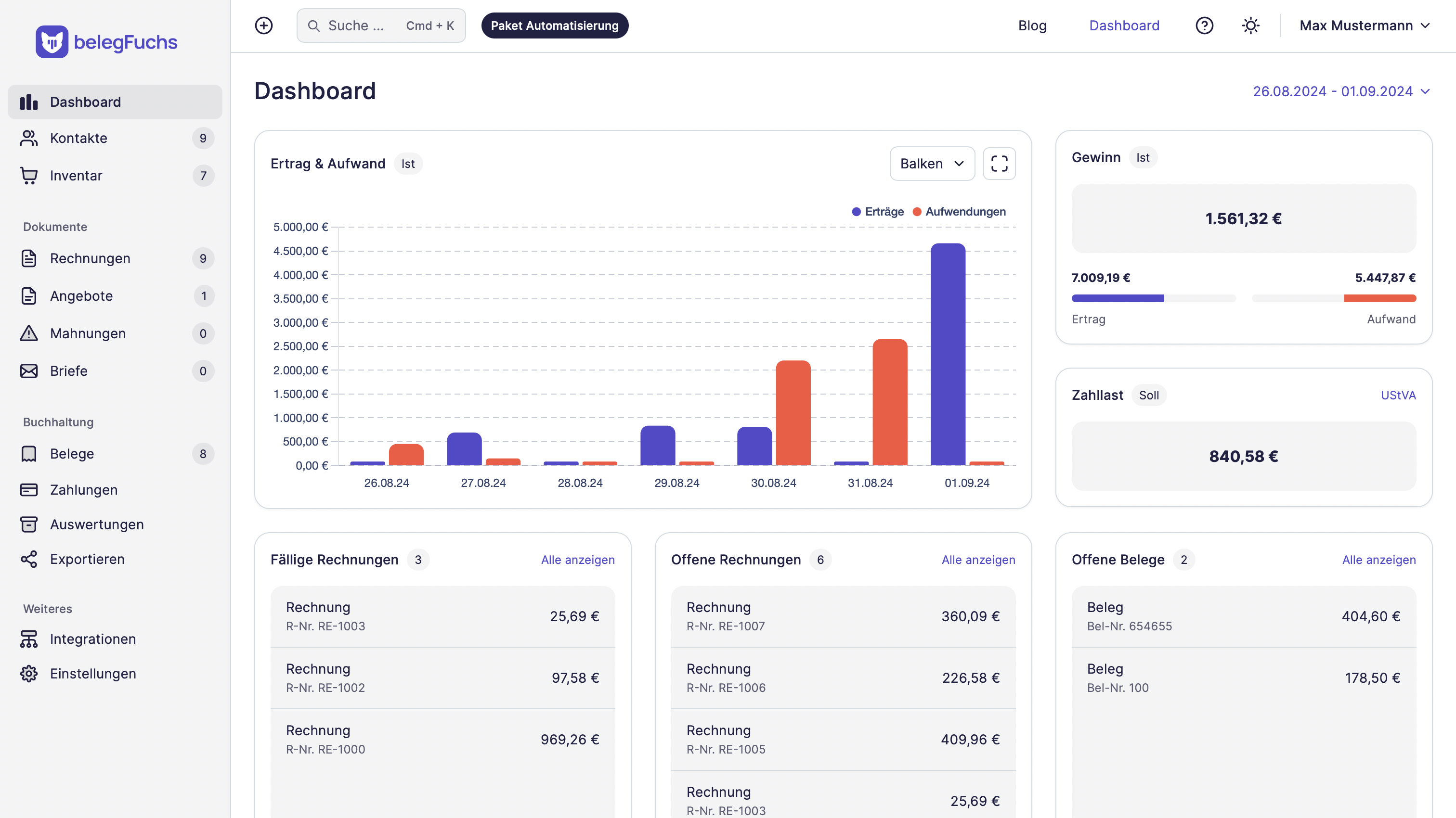 Das belegFuchs Dashboard