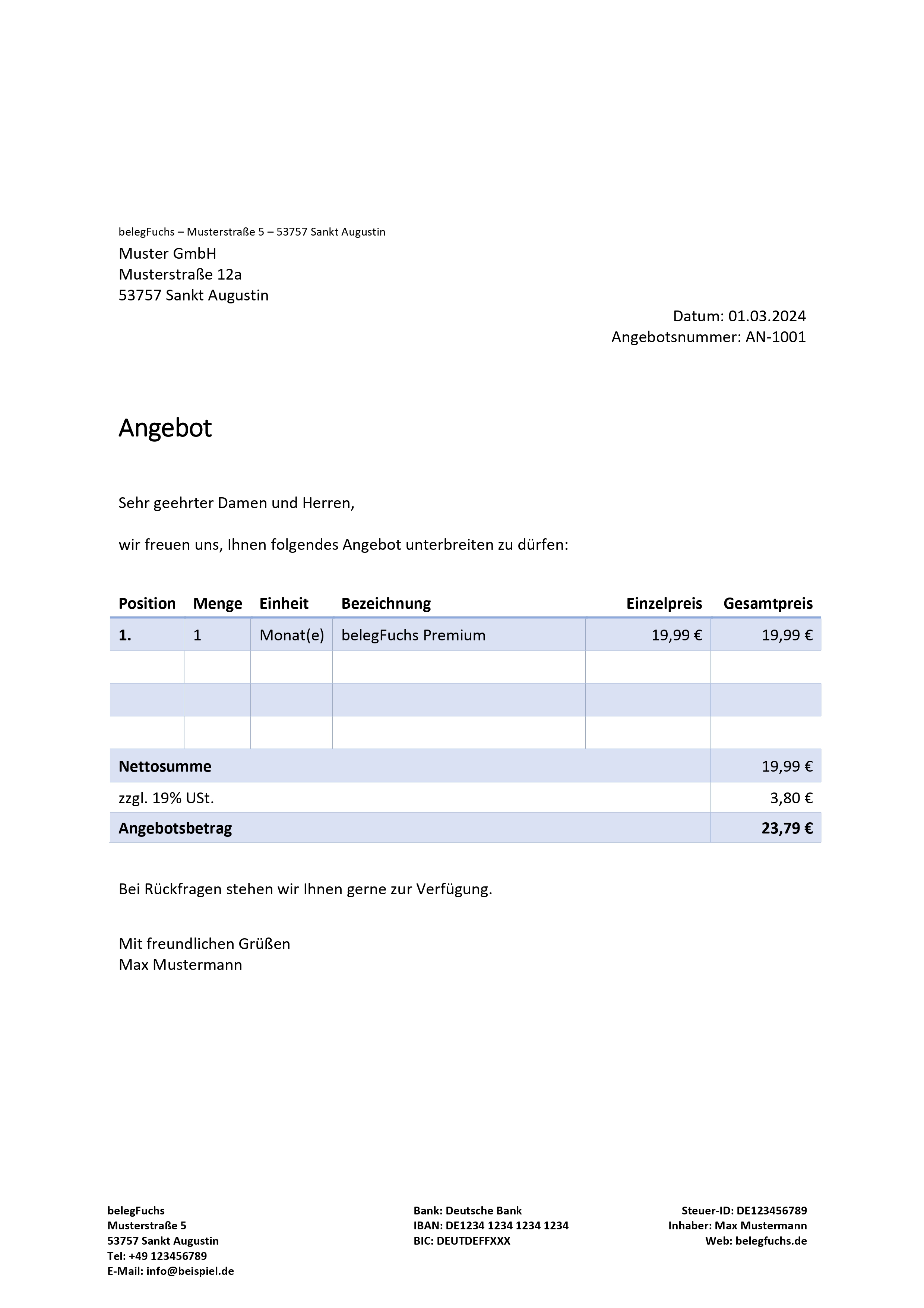 Word Angebotsvorlage Kostenlos Herunterladen